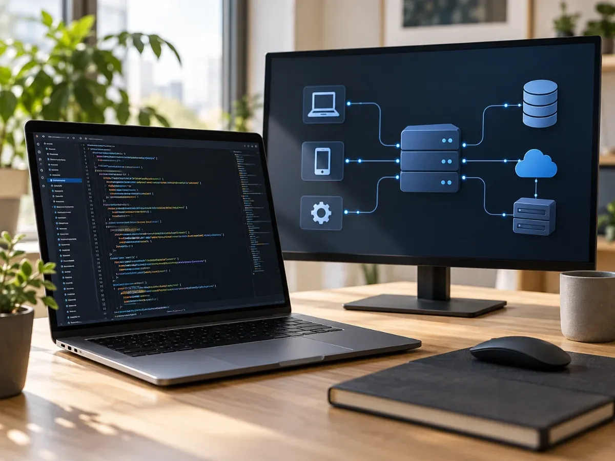 A code editor beside a monitor showing a service and database architecture diagram.