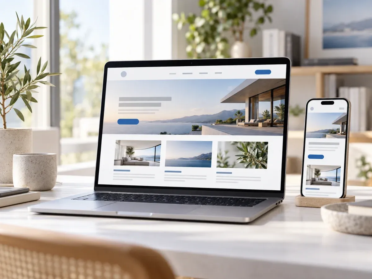 A laptop and phone showing a responsive business website on a bright desk.