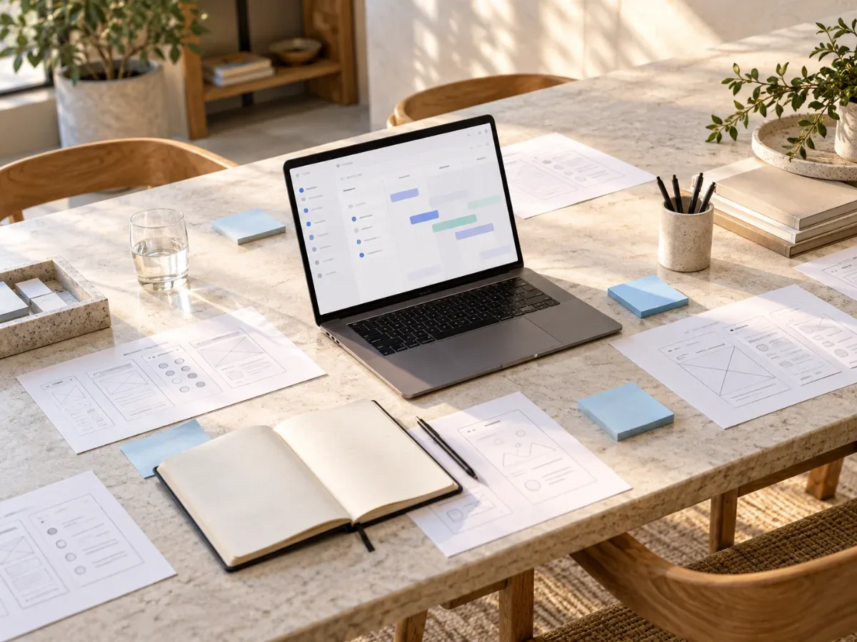 A laptop showing a task board on a desk with planning notes.