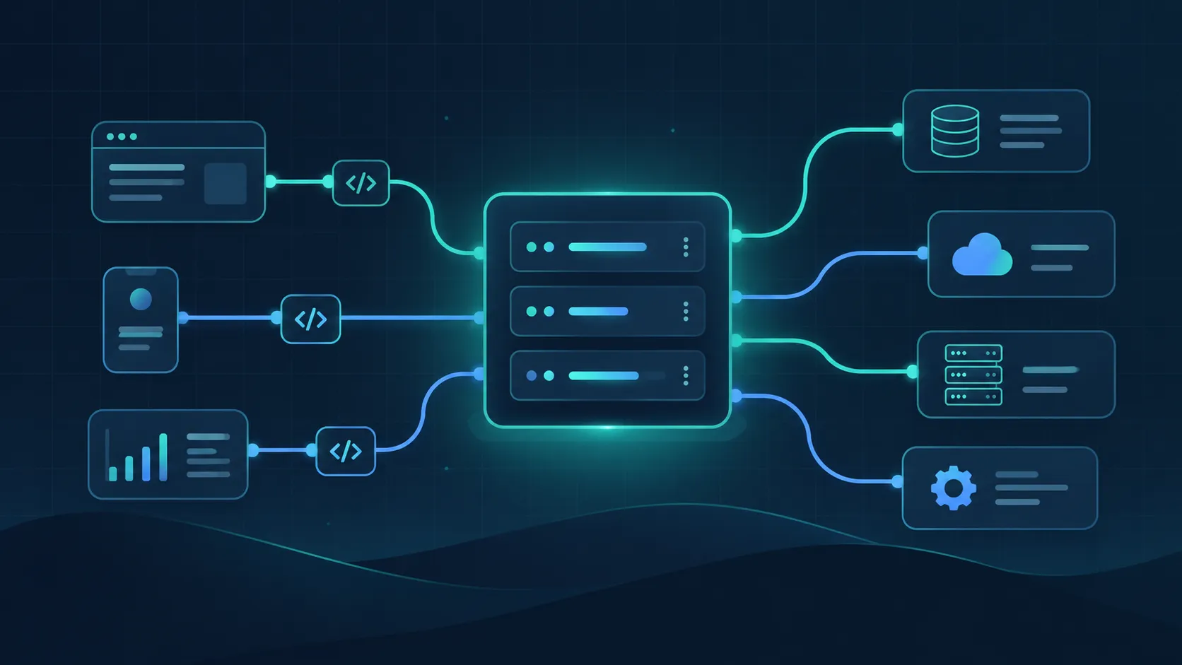 A diagram of connected services, databases, and reports.